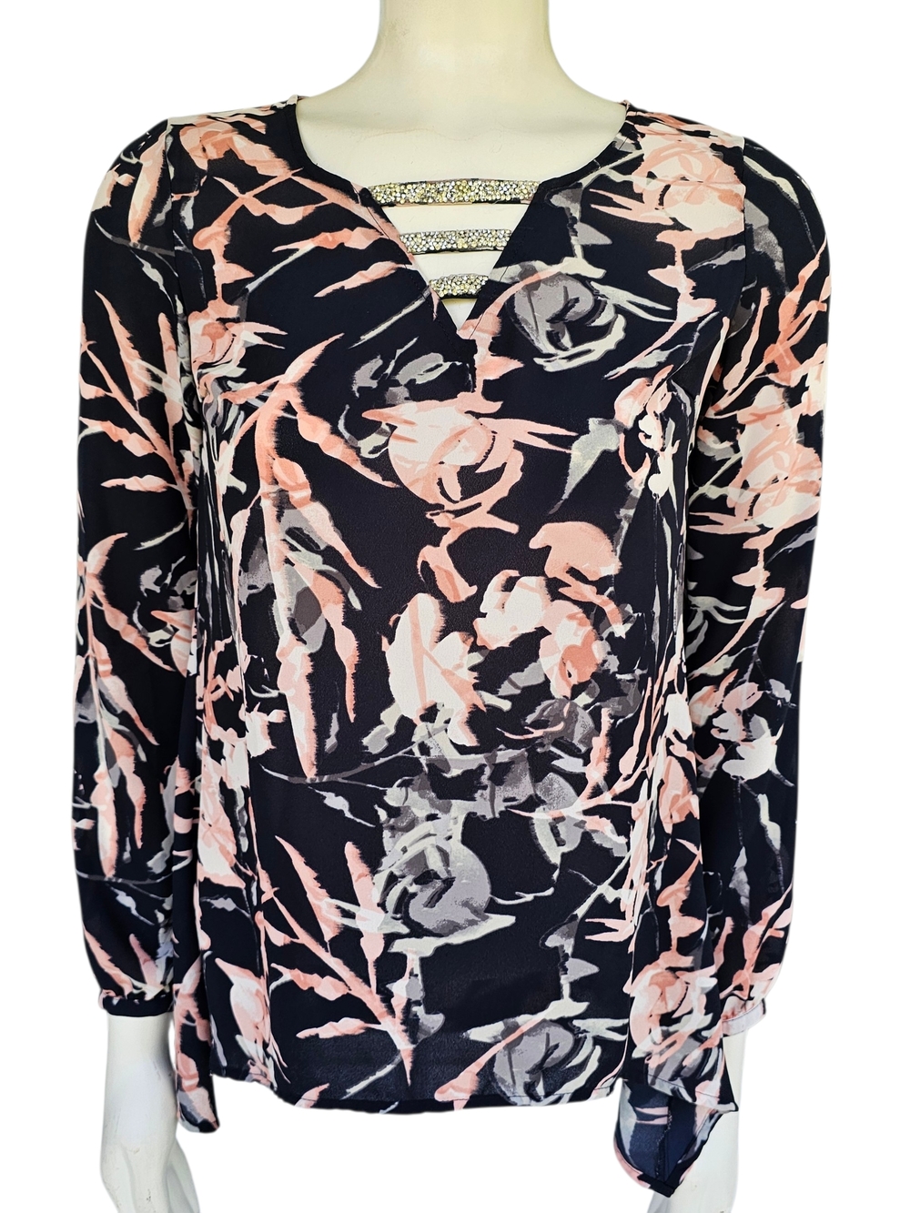 Juicy Couture Floral Blouse XS Black Pink Sheer Beaded Neck Boho Top